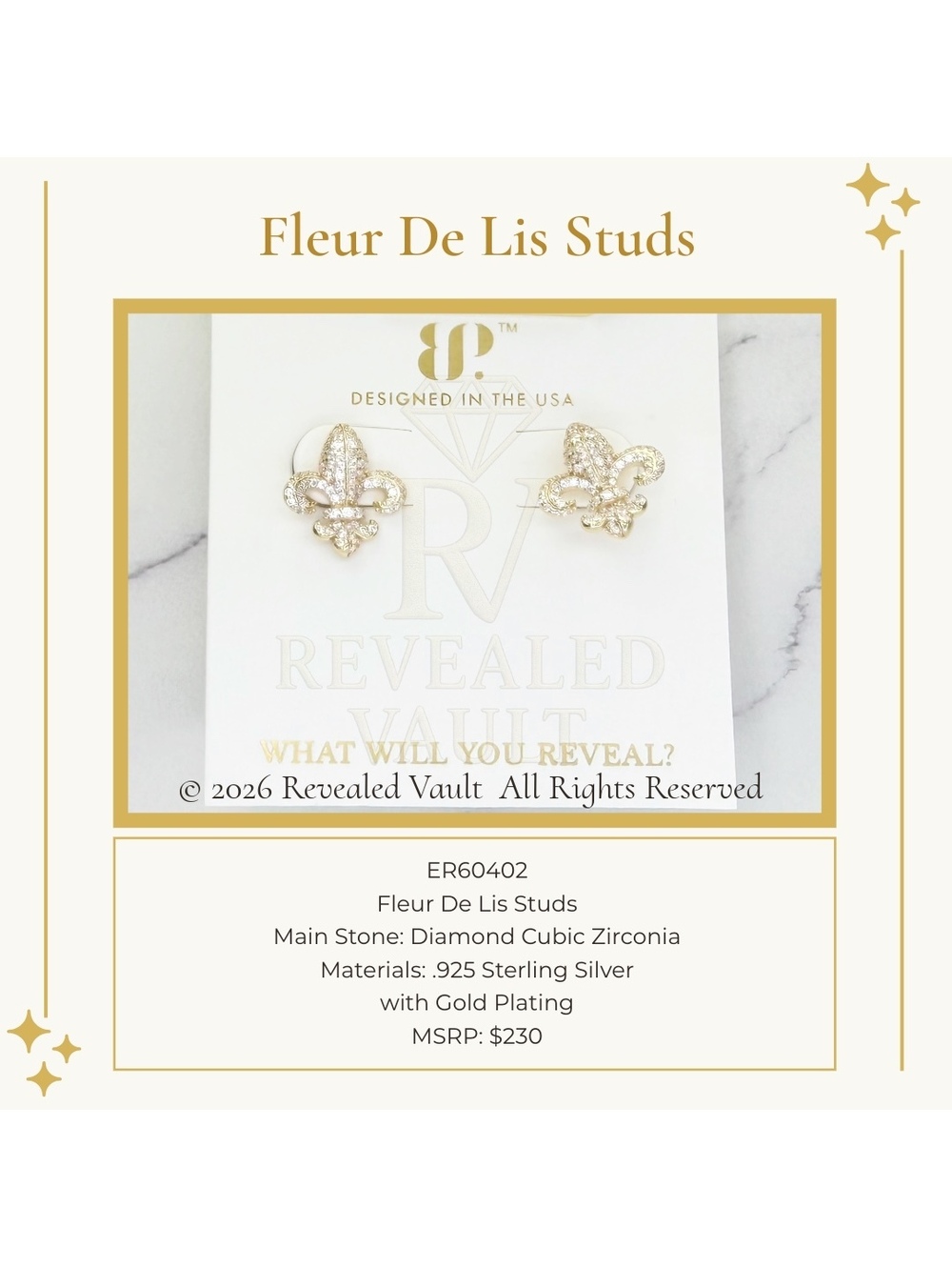 Fleur De Lis Studs - Sterling Club Vermeil